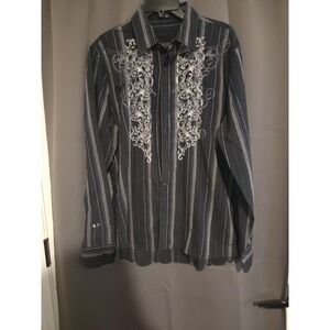 At Collins Striped Embroidered Black Button Down, Men's Large Shirt, Long Sleeve